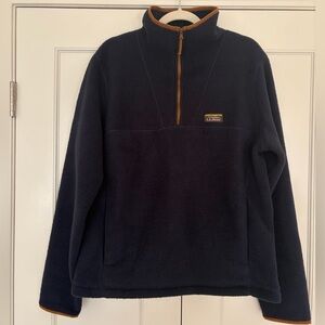 L.L. Bean Navy Fleece Quarter Zip Pullover Jacket Brown Trim Size M